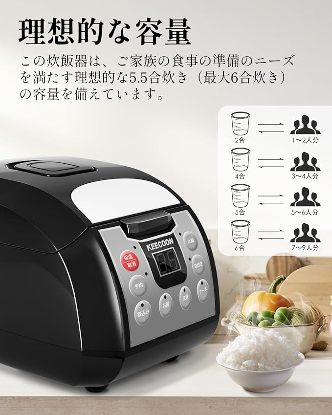 KC-RC-ESL005 炊飯器 5.5合 大容量 一人暮らし 炊飯器 6合炊き マイコン式 6つの便利なモード(炊飯/玄米/早炊き/お粥/ケーキ/煮込み) 保温 予約 多機能炊飯器 ひとり暮らし 6-8人用 持ち運び便利 黒