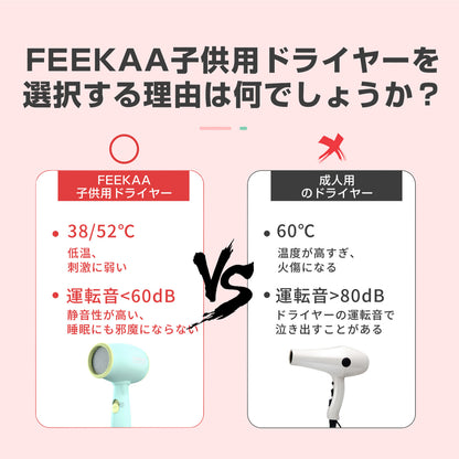 FK-HD-Q7 ドライヤー 子供用 低温 ヘアドライヤー 肌 髪 新生児 幼児 マイナスイオン 風 ヘアケア 冷熱風 ２段階温度風量調節 速乾ドライヤー 温度過昇防止 低騒音 チャイルドロック グリーン 出産祝い プレゼント 小型 軽い 可愛い
